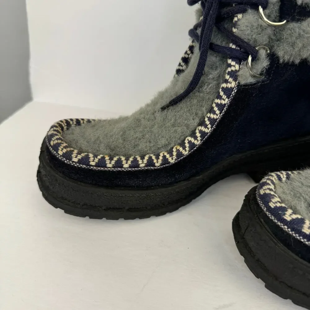 Blue & Gray Fur Lined & Detailed Suede Lace Up Ankle Snow Boots | Women's‎ 6